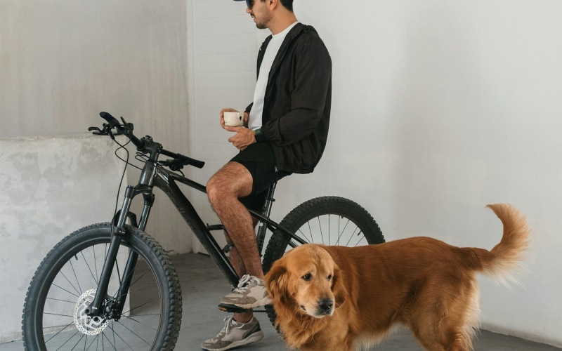 man on a bike with a dog