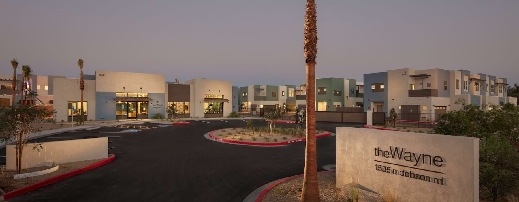 the exterior of a property at dusk