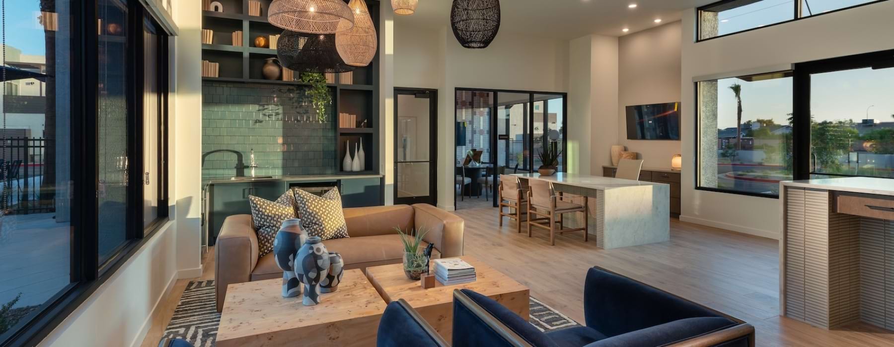 a lounge with natural lighting